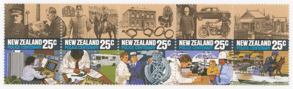 Se tenant strip of five issued twenty five cent 'Centenary of New Zealand Police' stamps