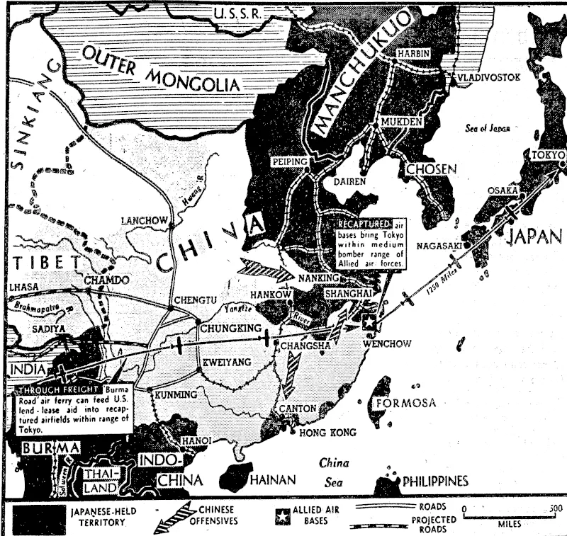 Has the tide of war turned for China? For two months or more the Japanese have been retreating from strategic territory which cost them thousands of casualties to occupy. Particularly important is the recapture by the'tChinese of Chekiang Province and its great airfields at Chuhsien and Lishui. From these bases, as can te seen by this map, United Nations planes might easily strike at Japan itself, as well as at its supply lines to outlying fronts in the Pacific. (Evening Post, 24 October 1942)