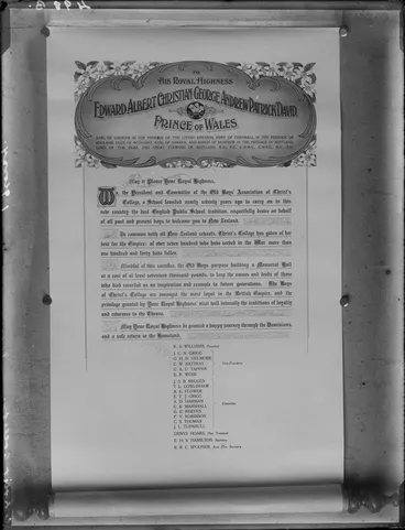 Image: Ceremonial scroll welcoming Edward, Prince on Wales to Christ's College, Christchurch