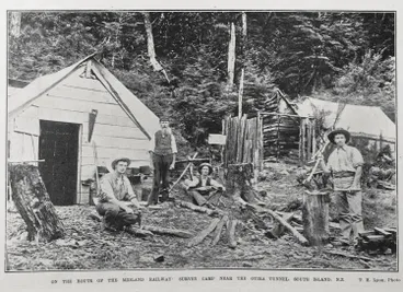 Image: ON THE ROUTE OF THE MIDLAND RAILWAY: SURVEY CAMP NEAR THE OTIRA TUNNEL. SOUTH ISLAND. N.Z.