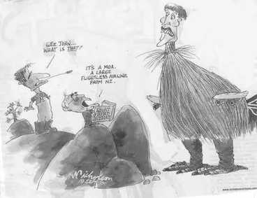 Image: Nicholson, Peter fl 2000s: 'Gee John.. what is that?' 'It's a moa. A large flightless airline from NZ.' The Australia, 19 September, 2001.