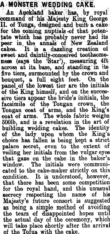 Image: A MONSTER WEDDING CAKE. (Clutha Leader 26-10-1909)