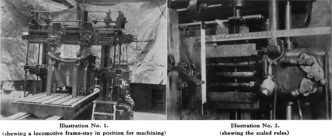Illustration No. 1. — (shewing a locomotive frame-stay in position for machining) — Illustration No. 2. — (shewing the scaled rules)