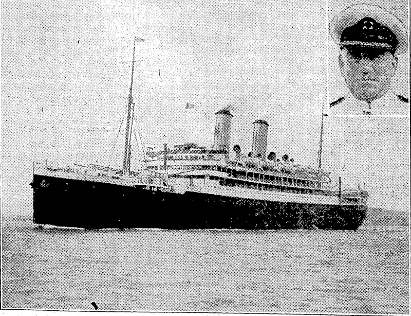 Evening' Post"" Photo. ANOTHER ORIENT LINER VISITS WELLINGTON.-^ Otranto, whokarrivaVal^Wemnlrtdn today from Australia was delayed by thick fog. Of the 530 passengers on board 108^have niade the trip from London. Inset, Captain L. V. James, master of the Otranto. (Evening Post, 09 February 1935)