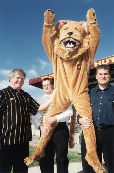 Image: Rugby; National Provincial championship; Rex Kirton, Wayne Guppy, Dave Rennie with Wellington Lions mascot.