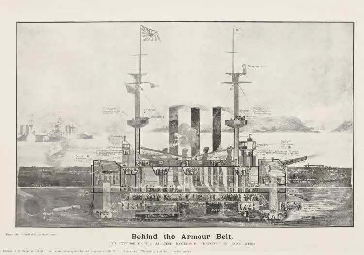 The interior of the Japanese battleship 'Hatsuse' in close action