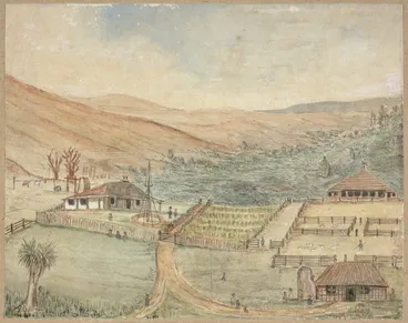 Image: Sommervell, A. M., fl 1850s :Waerenga-a-Hika Mission Station, C[hurch] M[issionary] S[ociety] [ca 1858]