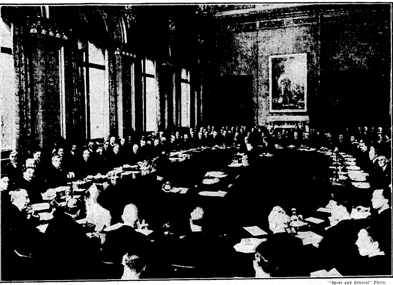 FIVE-POWER NAVAL CONFERENCE IN SESSION.—The naval conference between Great Britain, the United States of America,, France, Japan, and Italy' was officially opened;by<the Rt. Hon. Stanley Baldwin in the Locarno room at the Foreign Office, Whitehall, London, on December 9. Mr. Baldivin is seated at the centre of the table on the left. (Evening Post, 09 January 1936)
