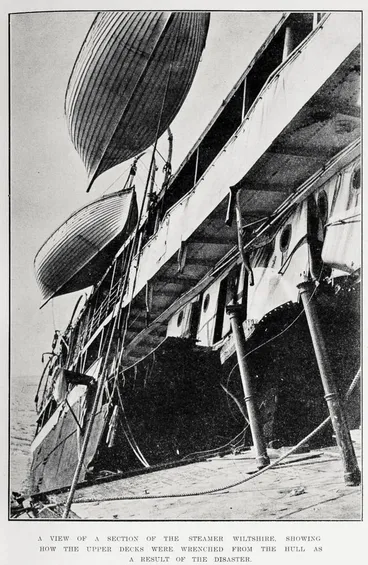 Image: A view of a section of the steamer Wiltshire, showing how the upper decks were wrenched from the hull as a result of the disaster