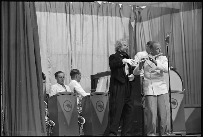 Terry Vaughan as Leopold Popoffsky, the Mad Maestro, in Kiwi Concert Party performance, Italy - Photograph taken by George Kaye