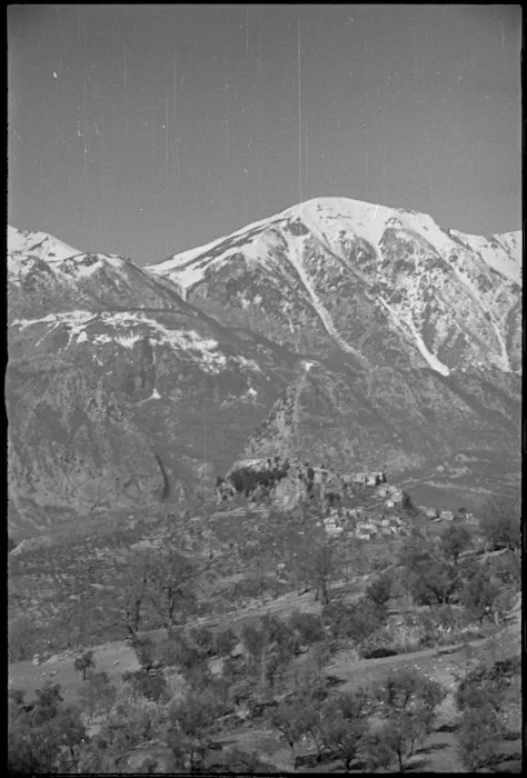 Looking towards snowclad mountains above the village of San Vincenzo on the Italian Front, World War II - Photograph taken by George Kaye