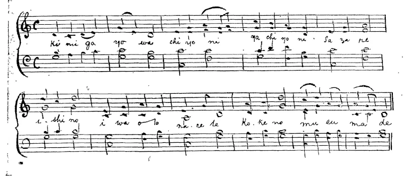 THE JAPANESE NATIONAL ANTHEM.  The translation reads:—"May the Bang's race flourish for thousands and thousands of years, until a small stone becomes a rock and moss covers it." (Otago Witness, 30 March 1904)
