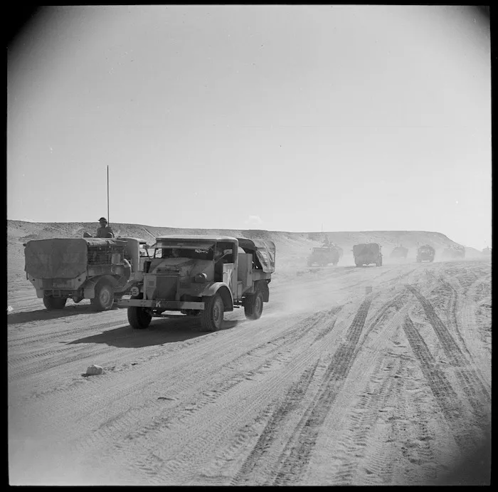 New Zealand trucks arriving at an assembly area for manoeuvres, Egypt, during World War II