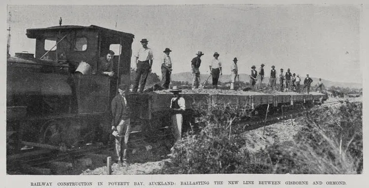 Railway construction in Poverty Bay, Auckland: Ballasting the new line between Gisborne and Ormond