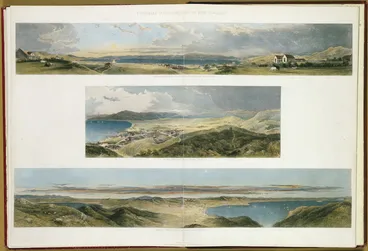 Image: [Brees, Samuel Charles] 1810-1865 :Panorama of Wellington, Port Nicholson, taken upon Thorndon Flat. Te Aro Flat, Wellington, from near Captain Sharpe's residence; Panorama taken from the top of Mount Victoria, Port Nicholson. Pictorial illustrations of New Zealand. [1847]. Drawn by S. C. Brees ... engraved by Henry Melville. Plate 22.