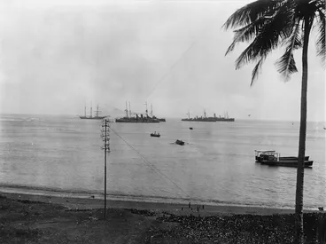Image: Warships and troopships inside the reef, Apia Harbour, 29 August, 1914