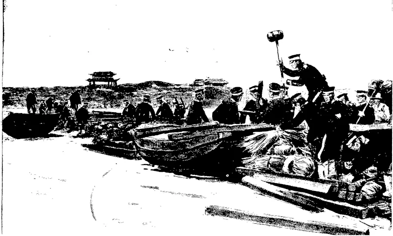 iDGING THE ROAD TO VICTORY: JAPANESE ENGINEERS THROWING A BRIDGE OVER THE TAITUNG RIVER, OPPOSITE PING-YANG Not only in their roads, but m their bridges, have the Japanese engineers distinguished themselves during the advance to the Yalu, w h-ch culminated m the victory of Kiu-hen-cheng. Iheir bridges are declared to be structures of wonderful permanence, considering that they were  erected in the shortest possible space of time. (Otago Witness, 29 June 1904)