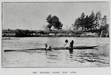 Image: A popular event: The Wahine Canoe Hurdle Race: The winning Canoe just over