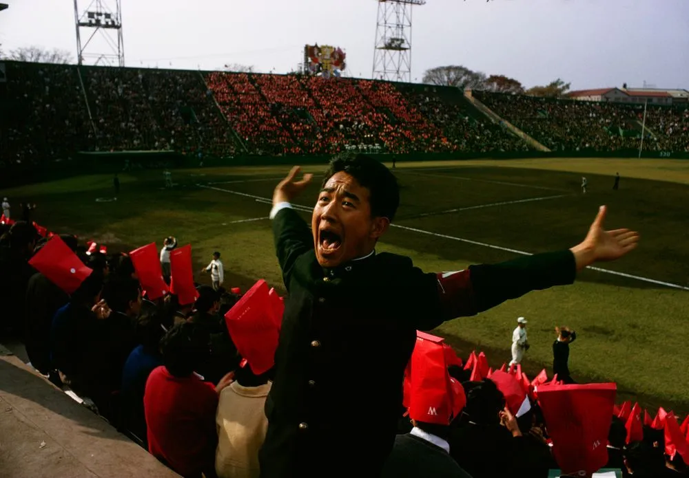 Cheerleader at a Waseda University versus Keio University baseball game, Tokyo. Taken for a series on Japan for ‘Life’