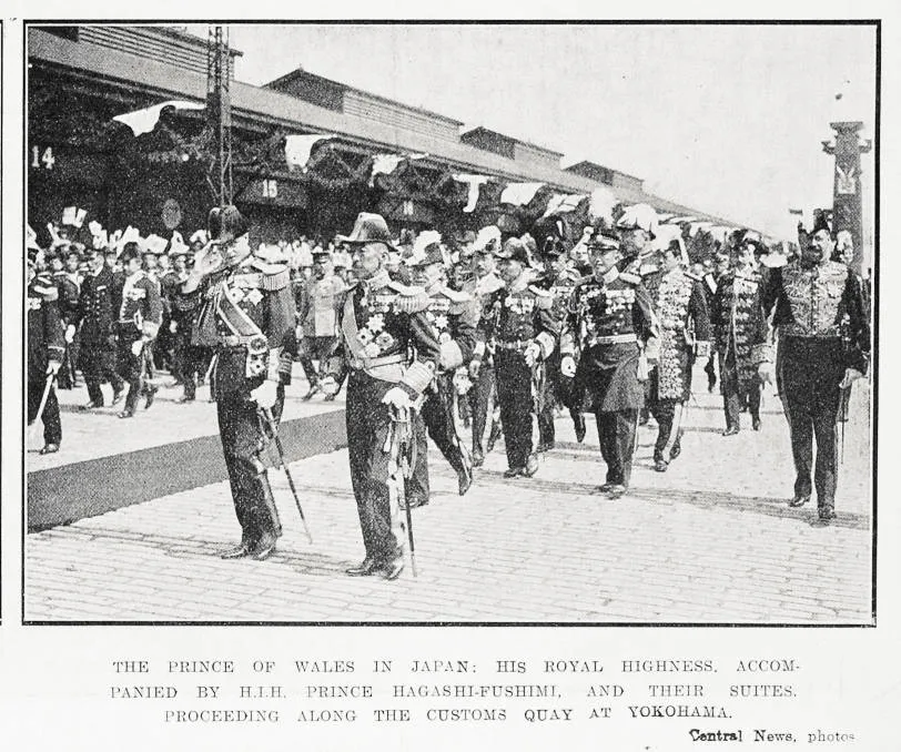 The Prince of Wales in Japan: His Royal Highness, accompanied by H.I.H. Prince Hagashi-Fushimi, and their suites, proceeding along the Customs Quay at Yokohama