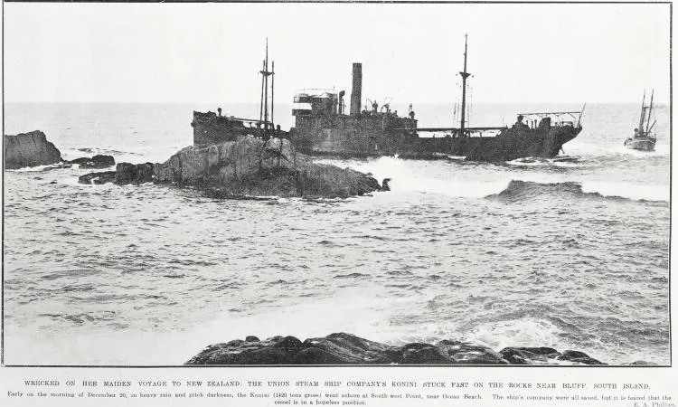 Wrecked on her maiden voyage to New Zealand: the Union Steam Ship Company's Konini stuck fast on the rocks near Bluff, South Island