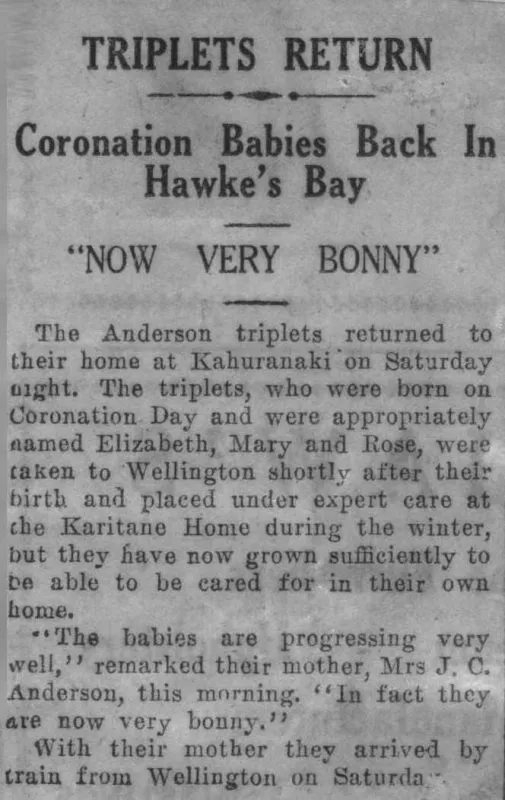 Newspaper Article 1937 – Triplets Return