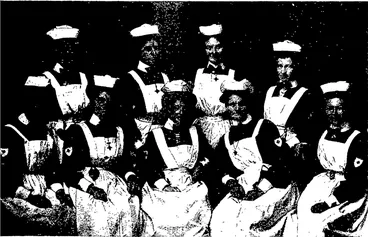 Image: ST. JOHN AMBULANCE BRIGADE: NURSING DIVISION. The team which took part in the St. John Ambulance Association's demonstration. In the back tow are nursing sisters J. Mills, A. Withers, M. Caraie. E. J. "Williams. In the front tow aie nursing sisters J. Stewart and M. L. Wylie, Lady Superintendent J. D. Hooper, and nursine Bisters S. Purvis and I. Walker. (Otago Witness, 07 July 1909)