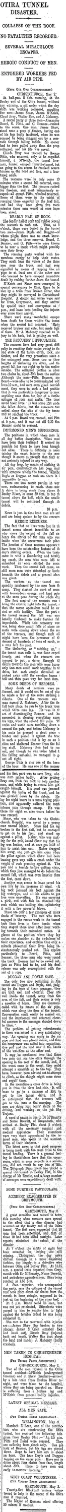 OTIRA TUNNEL DISASTER. (Otago Daily Times 3-5-1910)
