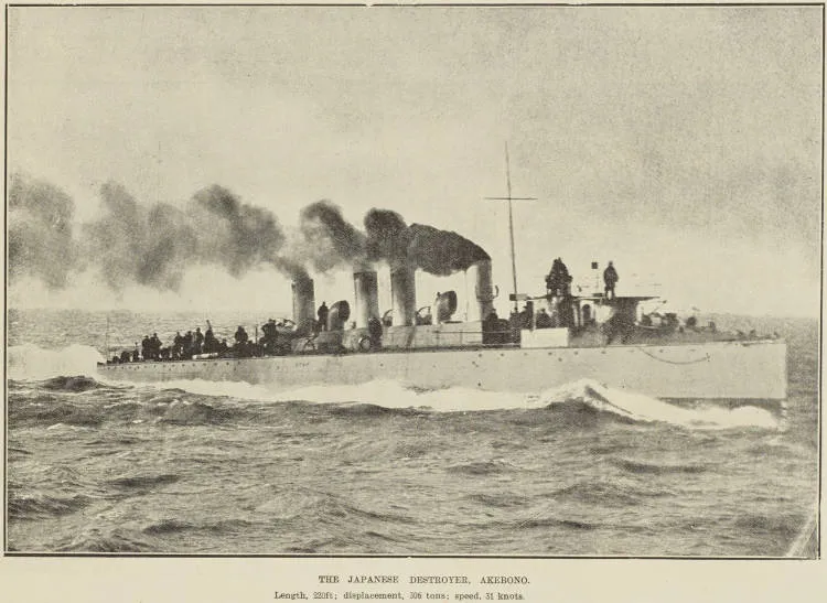 The Japanese destroyer, Akebono. Length, 220ft; displacement, 306 tons; speed, 31 knots