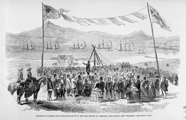 Image: Photograph of an engraving depicting the ceremony of laying the foundation stone for the new Houses of Assembly, Wellington