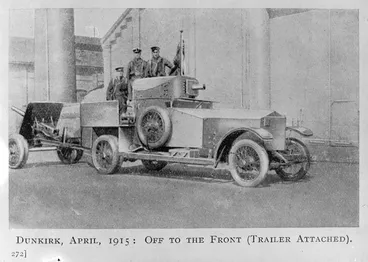 Image: World War I soldiers, including Anthony Wilding, in an armoured Rolls Royce car, Dunkirk, France