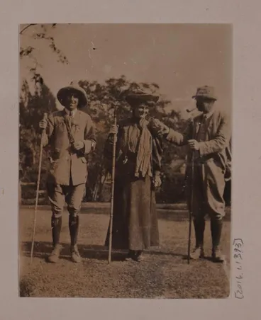 Photograph: Three People Holding Staffs Ready for Peel Peaks Journey, January 1907 Image: Photograph: Three People Holding Staffs Ready for Peel Peaks Journey, January 1907
