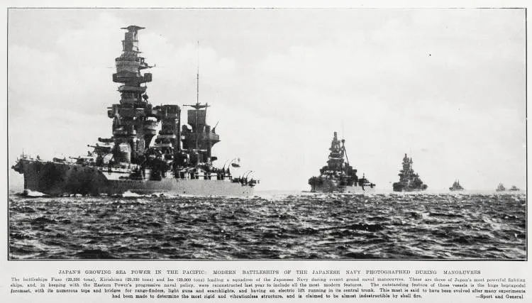 Japan's growing sea power in the Pacific: modern battleships of the Japanese Navy photographed during manoeuvres