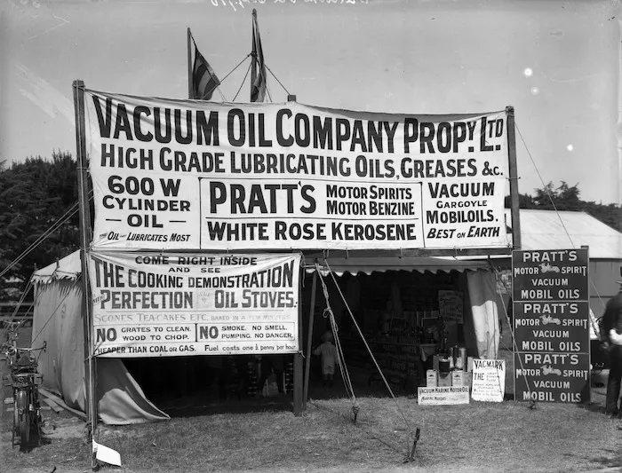 Advertising stall at an industrial exhibition, probably in Christchurch