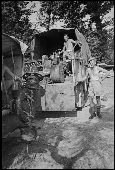 Ingenious device constructed by NZ Divisional Signals for twisting telephone cable, Italy, World War II - Photograph taken by George Kaye