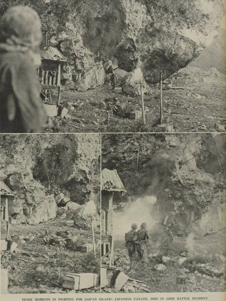 Tense moments in fighting for Saipan Island: Japanese fanatic dies in grim battle incident