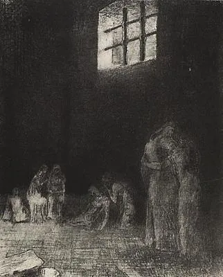 Dans l'ombre, des gens pleurent et prient entourés d'autres qui les exhortent (In the Shadow People are Weeping and Praying, Surrounded by Others Who are Exhorting Them)