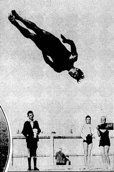 Image: BP7 EXPERT FRENCH DIVER;—G. Poussard giving an exhibition of Wv fancy diving. A record crowd watched his brilliant performance at y/ Riddiford Baths, Lower Hutt, last evening. "Sport and General" Photo. (Left) ROYALTY IN THE PARK.—This picture shows the Duke and Duchess of York in Hyde Park, enjoying an afternoon walk unattended. , . (Evening Post, 14 March 1935)