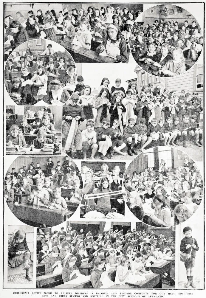 Children's active work to relieve distress in Belgium and provide comforts for our hero soldiers: boys and girls sewing and knitting in the city schools of Auckland
