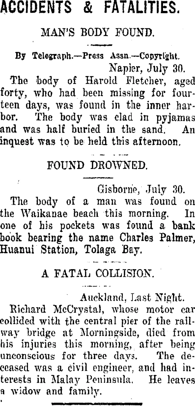 ACCIDENTS & FATALITIES. (Taranaki Daily News 31-7-1920)