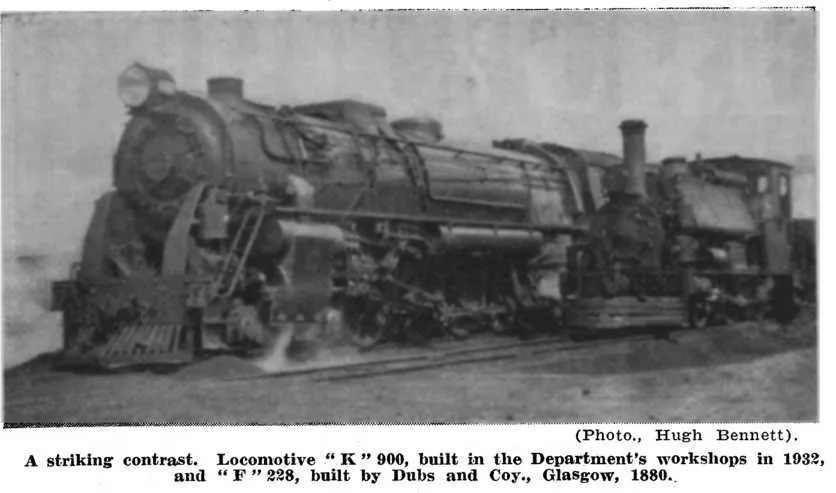 A striking contrast. Locomotive “K” 900, built in the Department's workshops in 1932, and “F” 228, built by Dubs and Coy., Glasgow, 1880. — (Photo., Hugh Bennett)
