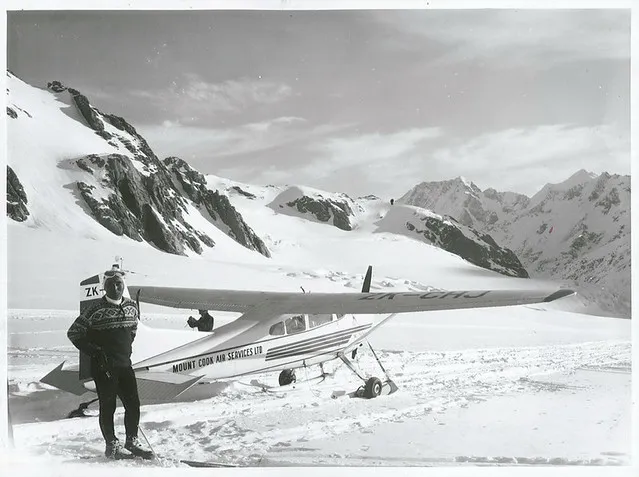 Yuichiro Miura Japan's top skier and ski instructor relaxes in front of a Mt. Cook Air Services Cessna 185 at the head of the Tasman Glacier. Mt. Cook.