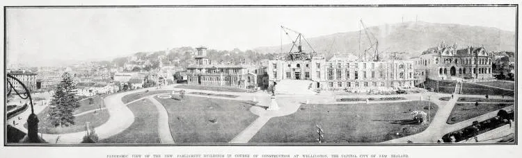 Panoramic view of the new Parliament Buildings in course of construction at Wellington, the capital city of New Zealand