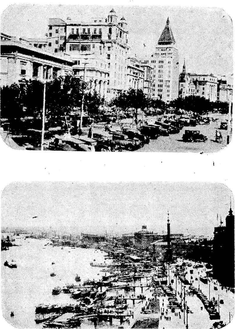 GRAVE CRISIS IN SHANGHAI. Two views of Shanghai, nearby areas of which are threatened with occupation by Japanese forces, following- the failure of the Chinese authorities to comply with Japan's demands for the protection of her nationals. The top picture shows he famous Bund in the International Settlement, in which British residents living in outlying areas have been advised to secure protection. (Ellesmere Guardian, 09 February 1932)