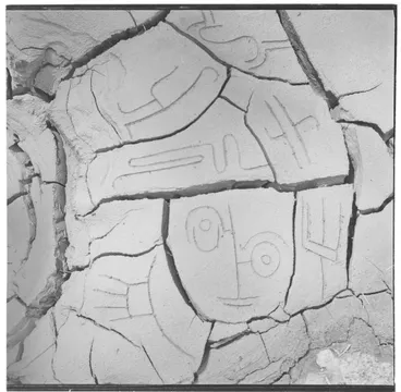 Image: Black and white negative of cracked mud with added decoration by Theo Schoon