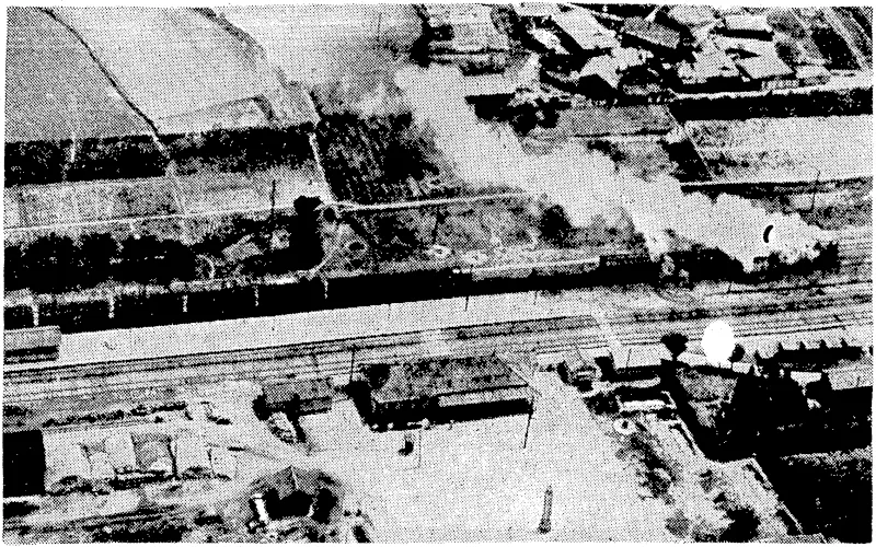 fA Japanese train pulling into the station at Ri Ri> Korea, on July 4, with the locomotive's boiler blowing up after an attack from Allied bombers. The train was struck by the American Pacific Fleet's Air Wing, which riddled six other trains and hit four bridges and three tunnels during the raids. (Evening Post, 31 July 1945)