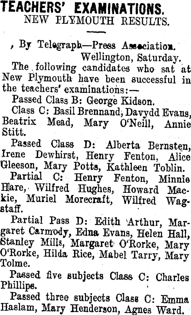 TEACHERS' EXAMINATIONS. (Taranaki Daily News 26-2-1912)