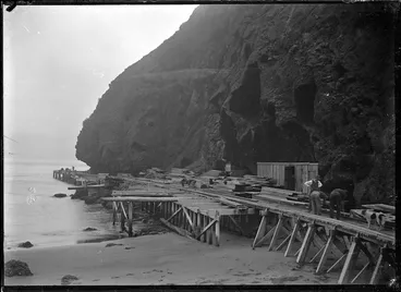 Image: The end of the beach tramway between Karekare and Whatipu, showing Whatipu Wharf.
