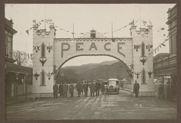 Arch celebrating peace, Jackson Street, Petone