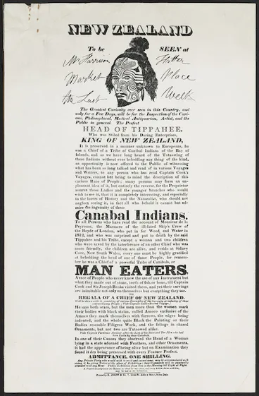 Image: Artist unknown :Head of Tippahee to be seen at Mr Harrison, Hatter, Market Place, the last week ... King of New Zealand ... [London? ca 1820?]